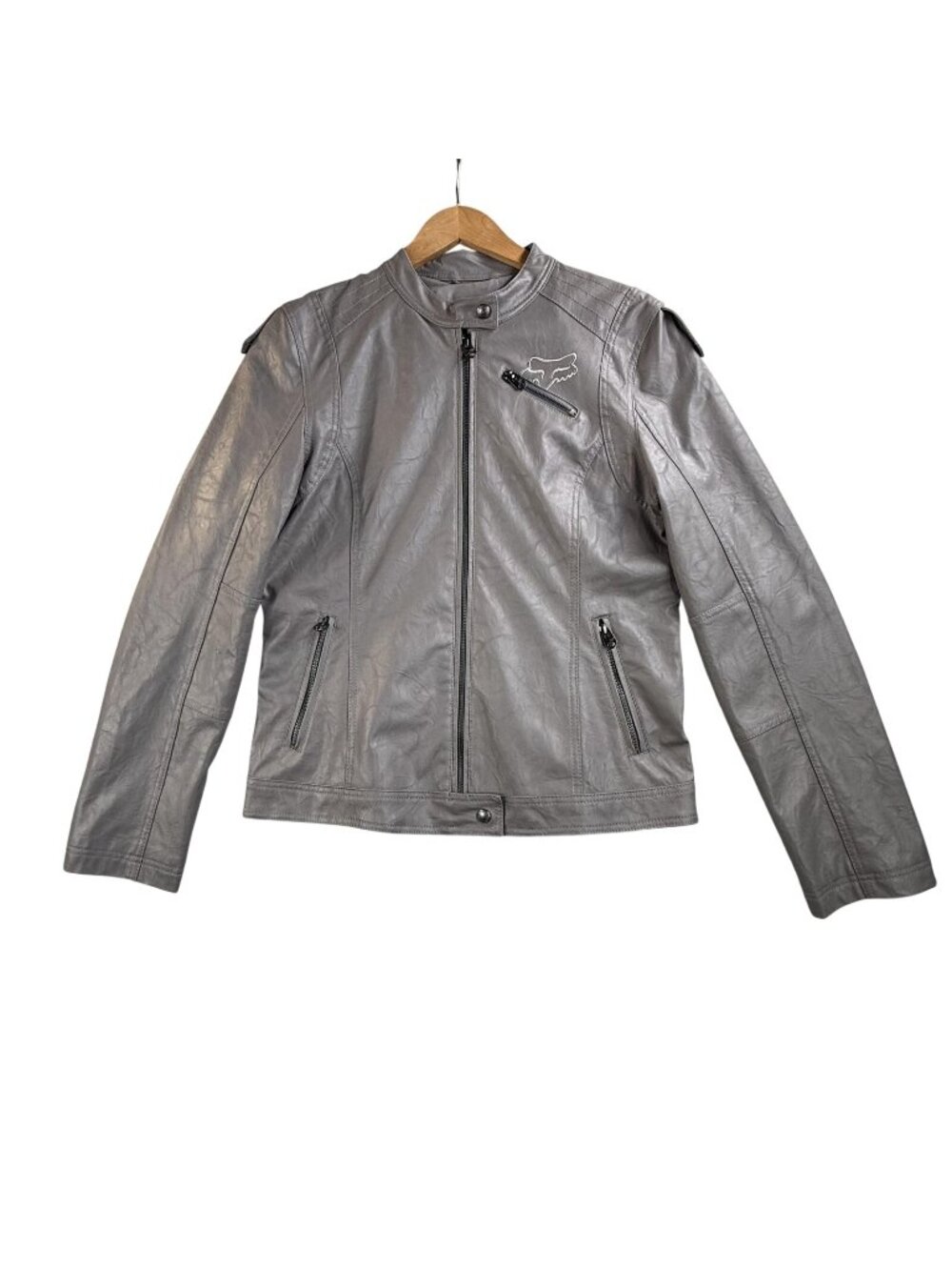 Fox Racing Jacket Womens XL Gray Faux Leather Motorcycle Full Zip Style 56020